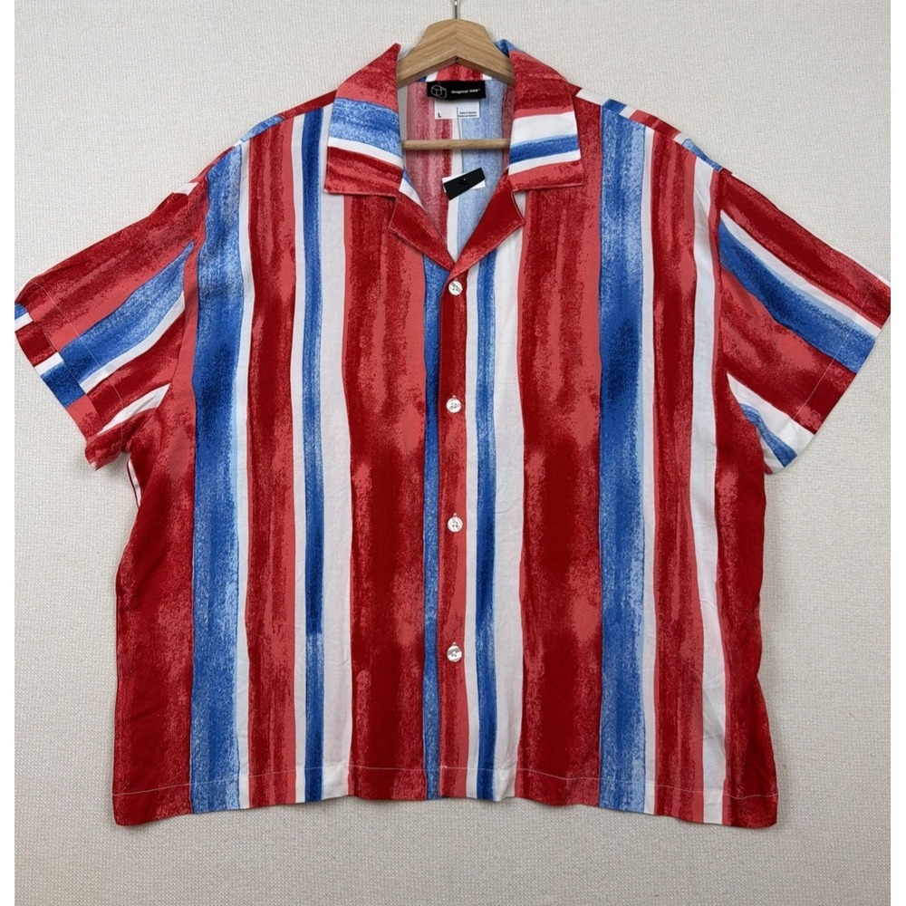 New Original Use Mens 100% Rayon Striped Button Down Shirt Size L Red White Blue - Picture 6 of 11